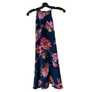 Everly Floral Halter Mini Dress Babydoll‎ Lined Navy Size Small Made in USA